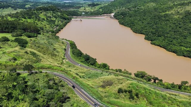 Euclides Da Cunha Reservoir Of Sao Jose Do Rio Pardo In Sao Paulo Brazil. Power Plant. Water Dam Landscape. Nature Skyline. Euclides Da Cunha Reservoir At Sao Jose Do Rio Pardo Sao Paulo Brazil. 