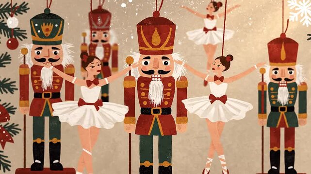 Festive Holiday Nutcrackers and Ballerinas Illustration Animated Background Loop