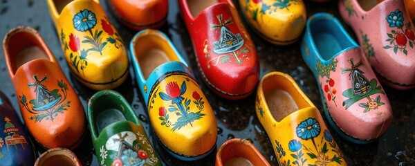 Collection of vibrant vintage Dutch wooden clogs rests on wet pavement. Colourful shoes display intricate floral, windmill designs reflecting traditional Dutch culture. Represent unique souvenir,