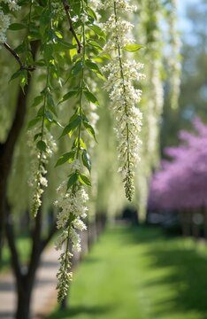 Small white springtime blossoms cascade from a peppermint agonis flexuosa tree branch. Green leaves frame delicate flowers in a garden setting. Blurred purple trees and lawn create a soft background.