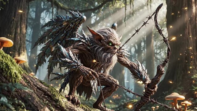 Winged fantasy archer creature aiming bow inside mystical forest. Fantasy concept