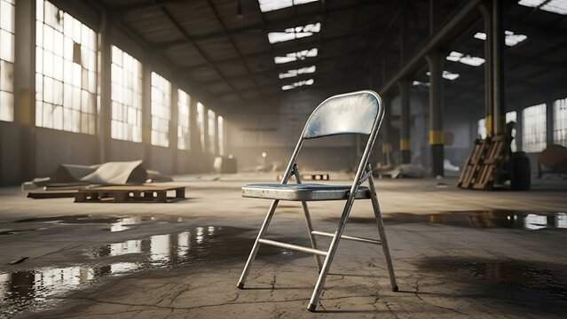 Abandoned chair in industrial warehouse space.