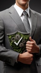 Businessman interacts with hand shield showing a checkmark and gear icon against a black background to illustrate quality control systems