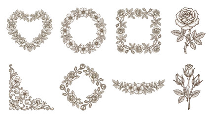 Vintage Botanical Floral Set with Rose Heart Wreath Frame and Corner in Hand-Drawn Engraving Line Art