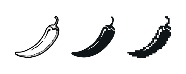 Obraz premium Chili pepper evolution: hand-drawn, solid, pixel styles on white background