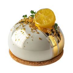 Glistening dome dessert with lemon, gold flecks, on a biscuit base