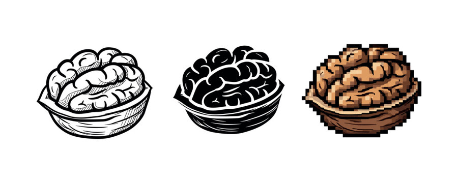Illustration of brain in three styles: sketch, silhouette, and pixel art