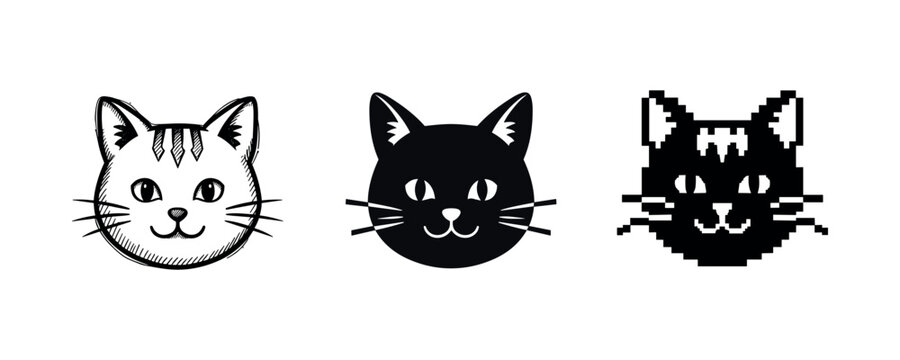 Three stylized cat faces: sketch, solid, pixel art design variations