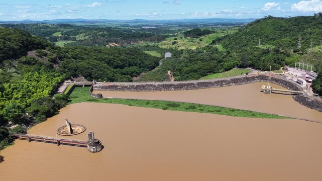 Euclides Da Cunha Reservoir Of Sao Jose Do Rio Pardo In Sao Paulo Brazil. Power Plant. Water Dam Landscape. Nature Skyline. Euclides Da Cunha Reservoir At Sao Jose Do Rio Pardo Sao Paulo Brazil. 