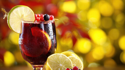 A glass of sangria with fresh citrus and berries, evoking warm Spanish National Day celebrations.