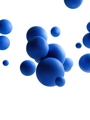 Floating blue spheres in various sizes clustered against a stark black backdrop