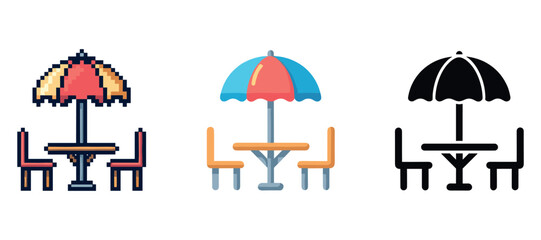Colorful outdoor cafe set: pixel, colorful, and silhouette designs of tables and umbrellas