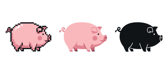 Obraz premium Stylized pig trio: pixelated, cartoon, silhouette designs