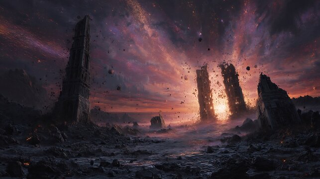 collapsing celestial realm, temples and planets falling into a black rift, glowing debris and fading divine figures, apocalyptic cosmic scene, hyper-realistic fine art, cinematic depth, 32K 