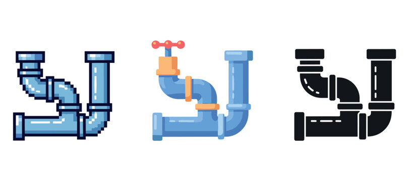 Pixel, flat, and silhouette style pipe icons with valve handle