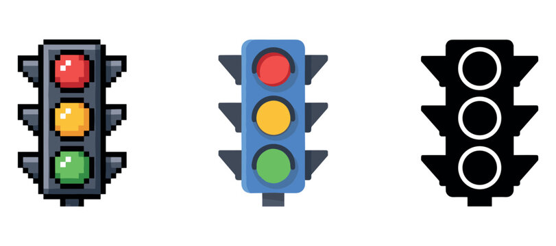 Pixelated, colored, and silhouette traffic light designs on white background