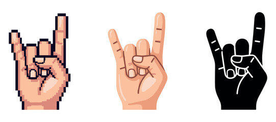 Fototapeta premium Three styles of raised hand gesture: pixel art, flat design, silhouette