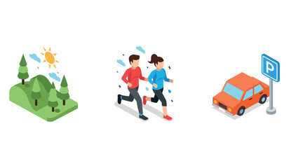 Naklejka premium Isometric illustrations of landscape, running couple, and car parking