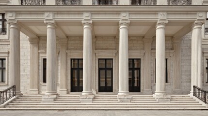 Naklejka premium A symmetrical exterior of a classic building with a grand, columned portico, stairs, and dark doorways, all in light stone