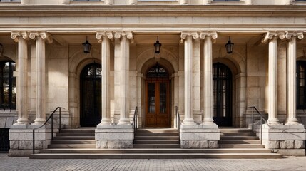 Obraz premium A stately building's entrance, featuring classical columns, arched doorways, stone steps, and ornate details under a bright sky