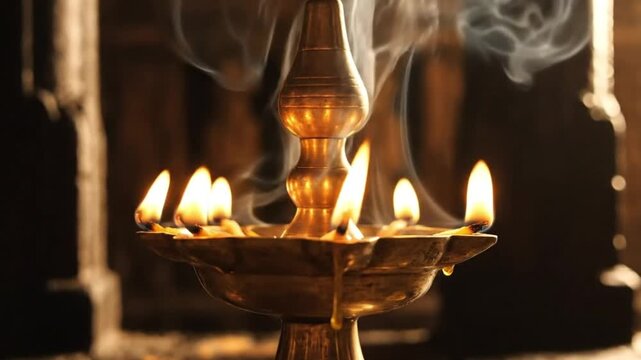 Intimate Close-up of Brass Diya with Smoke Burning - Hindu Rituals and Diwali Celebration Concept