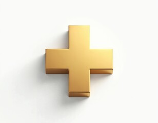 Obraz premium Shiny gold three-dimensional plus symbol stands on clean white background. Isolated icon represents help, health, growth, addition, positive increase. Useful for medical, financial, digital tech,