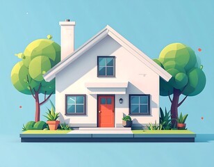 Charming Cartoon House Illustration with Lush Green Trees and Blue Sky.