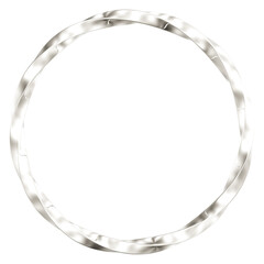 Abstract 3D twisted silver metallic ring frame surrounding a clean white square space against a dark striped background