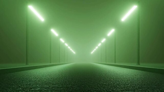 Fog Covers Empty Road With Glowing Green Streetlights at Night in 4K Detail Generative AI