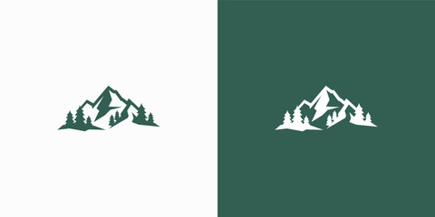 Mountain silhouette logo with river flowing under sunlight in flat vector design style