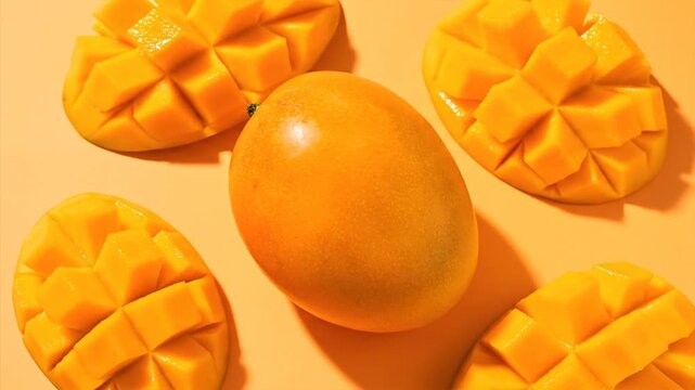 Fresh ripe mangoes arranged on orange surface studio shot