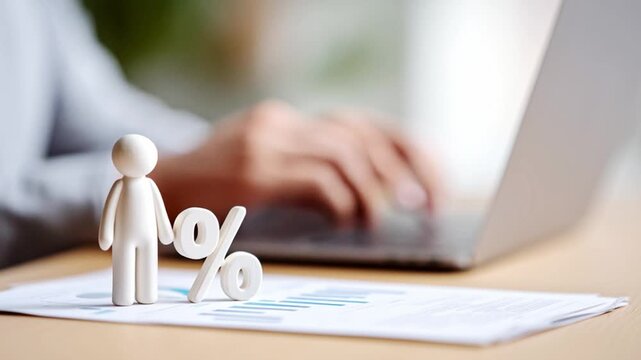 Person Stands Next to Percentage Symbol on Table While Laptop is in Use Generative AI