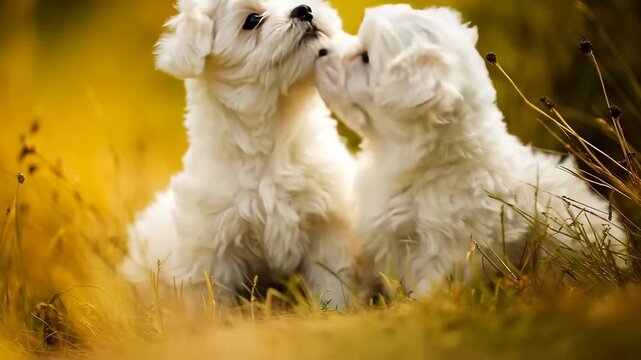 Adorable white puppies playfully interacting in a sunny yellow grass field