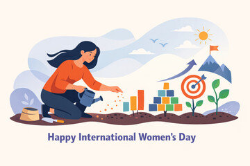 Woman planting idea seeds that grow into organized shapes