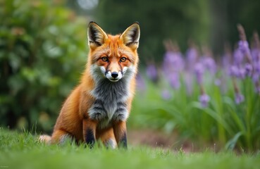 Fototapeta premium Red fox sits alert in green grass near purple flowers. Wild mammal with orange fur looks forward. Animal in garden habitat, daytime nature scene.