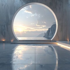 Minimalist Coastal View Through Circular Portal - Serene Ocean Escape.