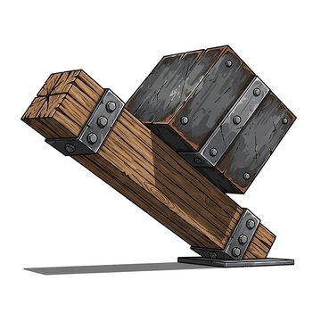 Medieval battering ram with metal bands.