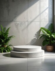 Minimalist Concrete Podium with Ferns and Sunlight for Product Display.