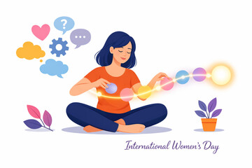 Woman seated organizing abstract thought bubbles into a glowing path