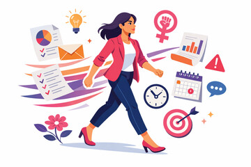 Woman walking forward surrounded by productivity and empowerment icons