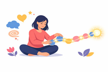 Woman seated organizing abstract thought bubbles into a glowing path