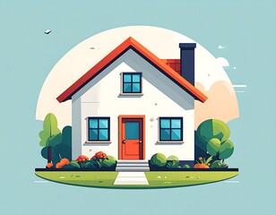 Charming House Illustration with Red Roof and Green Garden.