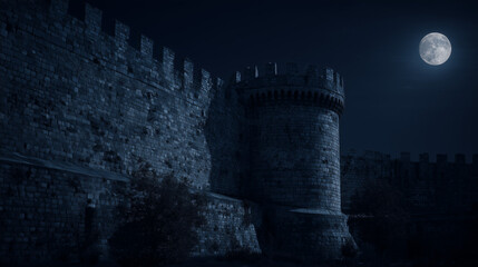 満月に照らされた夜の古城 / Medieval Castle Wall Under Full Moon