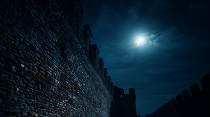 満月に照らされた夜の古城 / Medieval Castle Wall Under Full Moon