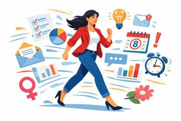 Woman walking forward surrounded by productivity and empowerment icons