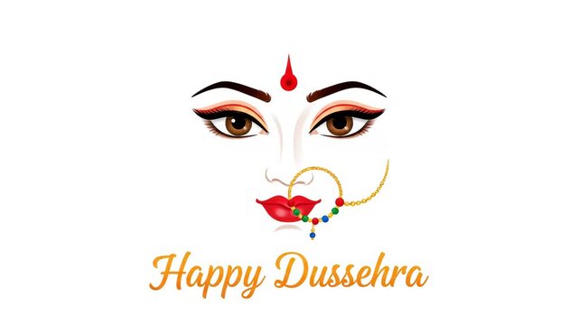 Minimal Goddess Face Illustration with Happy Dussehra Greeting and Soft Eye Blink Animation on Clean White Background