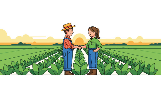 Male and Female Farmers Shaking Hands in a Large Crop Field Under a Bright Sunrise Background