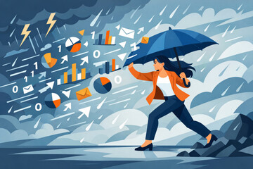 Woman moving forward while shielding herself from a storm of abstract data