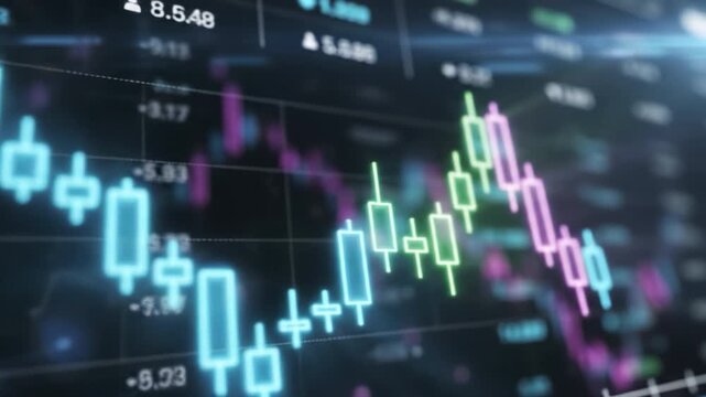 Financial chart stock market trading candlestick data analysis investment technology finance screen digital price action volatility forex cryptocurrency currency analytics economic data blue glowing