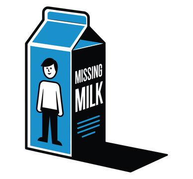 A cartoon illustration of a milk carton with a missing person on the label and the words 'MISSING MILK' on the side.